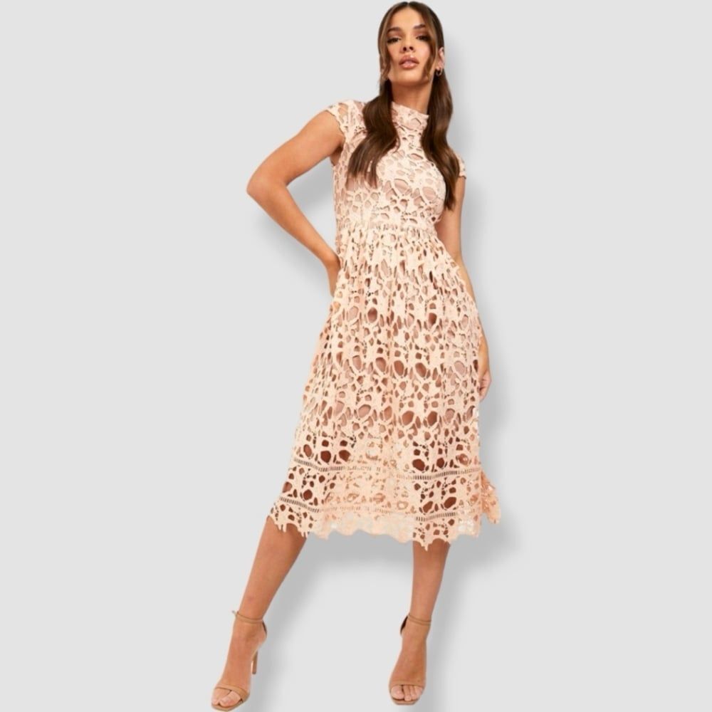 Boohoo Mock Neckline Lace Midi Skater Dress Sz 6